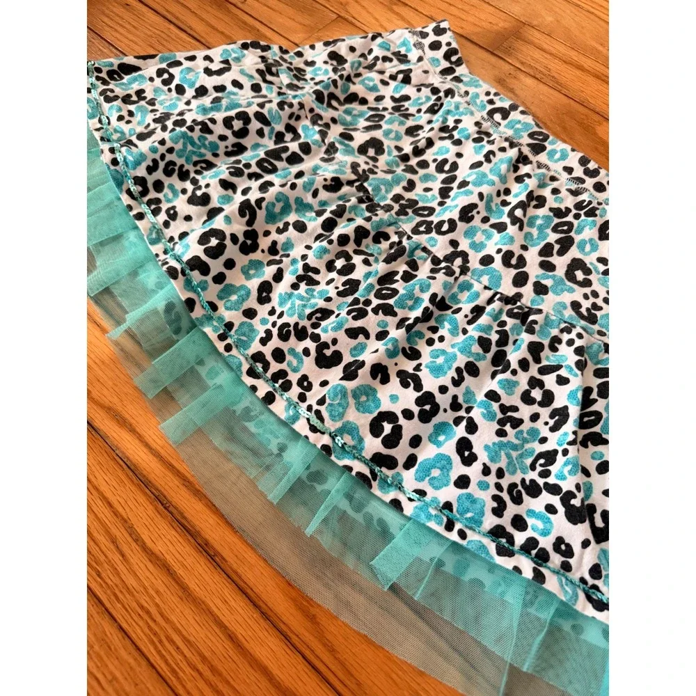 Y2K Mcbling Justice Girls Teal Leopard Print Skort with Tulle Trim and Sequins